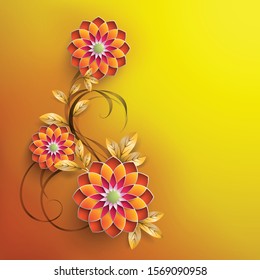 3D colorful arabesque style flowers on yellow background, orange background with floral design