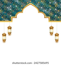 3d colorful arch pattern eid mubarak ramadan lantern islamic background banner ornament. Translation: "Muslim fasting month and celebration day after fasting"