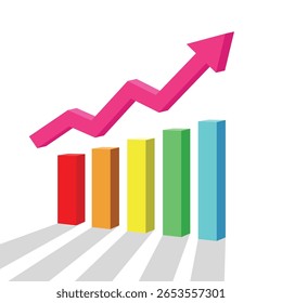 Gráfico de seta colorido 3D subindo representa o lucro dos negócios e o relatório de crescimento econômico