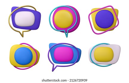 3d colorful badges or buttons set. Realistic labels templates in pink and purple gamma. Vector render illustration isolated on white background