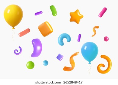 Balões coloridos 3D com confete festivo no fundo branco