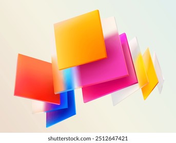 3D colorful banner of squares and rectangles. Art geometric background in glass morphism style. Abstract vector design elements.