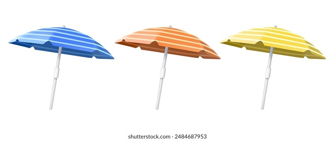 3D Colorful beach umbrellas icon isolated on a white background. Elegant opened blue, red and yellow umbrella, sun protection, Vector illustration. Summer holiday, Time to travel concept