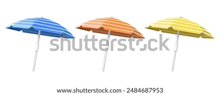 3D Colorful beach umbrellas icon isolated on a white background. Elegant opened blue, red and yellow umbrella, sun protection, Vector illustration. Summer holiday, Time to travel concept