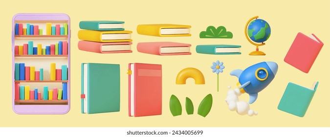 3D colorful books, rocket, plants, and globe isolated on light yellow background.
