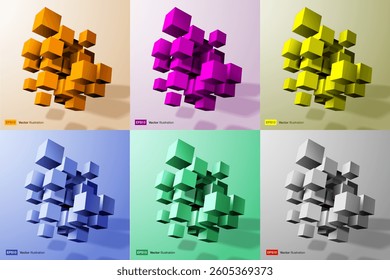 3D Colorful Bright Cubes Set. Vector Big Data Business Background. 3D Blockchain Cube Blocks. Data Core Abstract. AI Cyber Space
