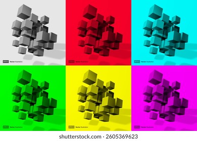 3D Colorful Bright Cubes Set. Vector Big Data Business Background. 3D Blockchain Cube Blocks. Data Core Abstract. AI Cyber Space