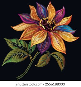 3d Colorful bright embroidery beautiful blossom flower with stamens, leaves. Line art embroidered stitch lines blooming flowers on black background. Vector floral textured ornate modern 3d design.