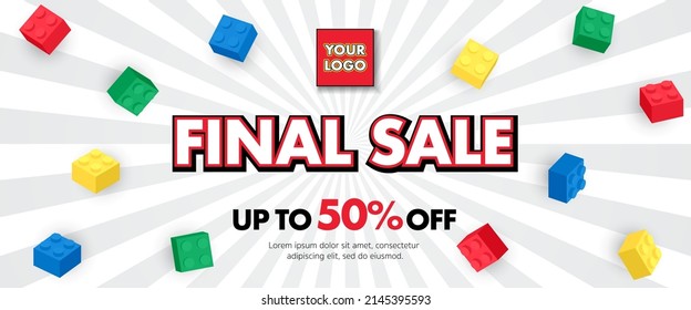 3d Colorful building brick block toys template banner design for sales promotion online for kid flyer, poster, web, ads and social media, post, baby shop and store, discount sale. vector illustration