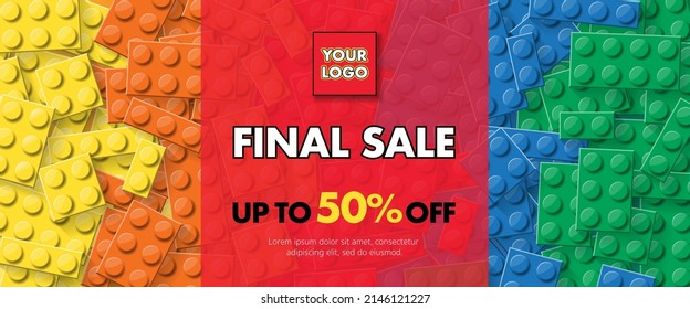 3d Colorful building brick block toys template banner design for sales promotion online for kid flyer, poster, web, ads and social media, post, baby shop and store, discount sale. vector illustration