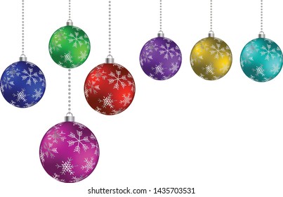 3D colorful Christmas glossy balls hanging. Isolated on white background, free space for text, vector illustration. Idea for celebration, season greetings and Christmas holidays.