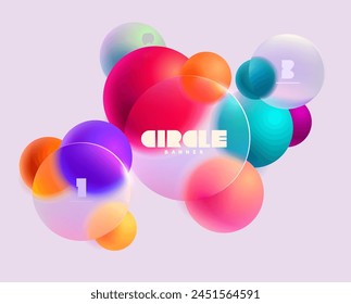 3D colorful circles and balls in glass morphism style. Transparent geometric shapes on white background.