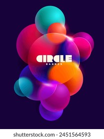 3D colorful circles and balls in glass morphism style. Transparent geometric shapes on dark background.