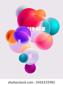 3D colorful circles and balls in glass morphism style. Transparent geometric shapes on white background.