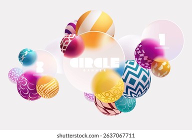 3D colorful circles and balls in glass morphism style. Transparent geometric shapes on white background.