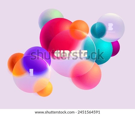 3D colorful circles and balls in glass morphism style. Transparent geometric shapes on white background.