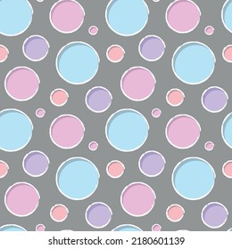 3D colorful circles seamless pattern. Blue, pink, violet deep circles with shadow, white brush outline on grey background. Vector illustration.