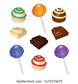 3d Colorful Collection of Sweets. Colorful Candies and Chocolates Isolated on White Background. Vector 3D illustration.