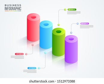 Gráfico informativo de columnas en 3D con cuatro opciones sobre fondo blanco para el sector empresarial o empresarial.