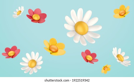 3d colorful daisy flower collection. Nature elements isolated on blue background.