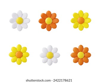 3d colorful daisy flower. Nature elements isolated on white background. 3d rendering. Vector illustration