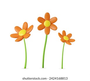 3d colorful daisy flower. Nature elements isolated on white background. 3d rendering. Vector illustration