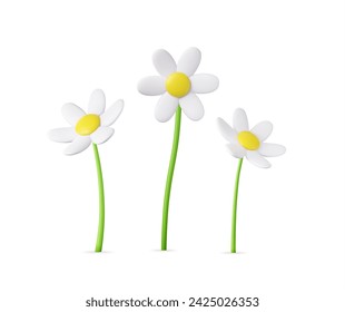 3d colorful daisy flower. Nature elements isolated on white background. 3d rendering. Vector illustration