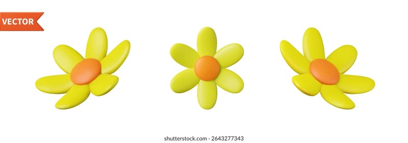 3d colorful daisy flower. Nature elements isolated on white background. 3d rendering. Vector illustration
