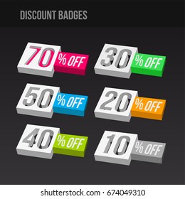 3D colorful discount badges, vector illustration.