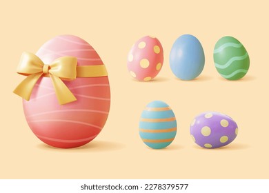 3D colorful Easter egg element set. Including a giant one with ribbon bow and small ones in different pattern.