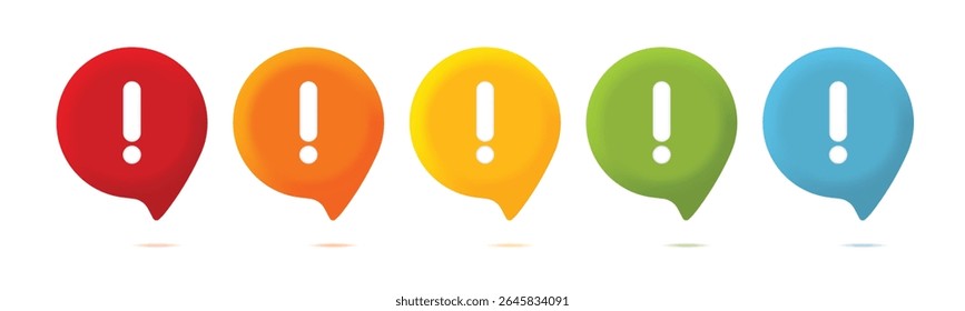 3D Colorful Exclamation Mark with Conversation Bubble and Notification Icons – Red, Orange, Yellow, Green, Blue Alert Symbols. Vector.