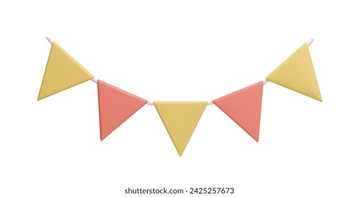 3D colorful flag garland hanging decoration isolated on white. Yellow and orange 3D triangle flag garland birthday party decor, autumn harvest festival, happy holiday anniversary celebration.