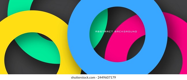 3D colorful geometric abstract background overlap layer on dark space with circles shapes decoration. Modern graphic design element cutout style concept for web banner, flyer, card, cover, or brochure