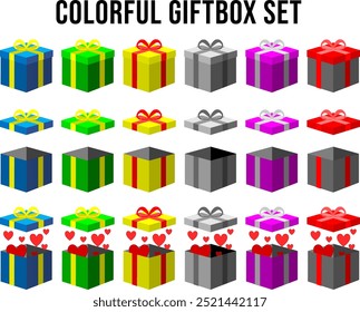 3D colorful gift box set with ribbon isolated on white background. There are three conditions, closed, open and open then a heart appears from inside the gift box.