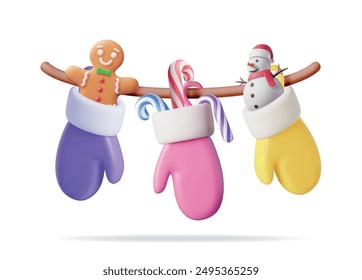 3D Colorful Gloves Hanging on Clothesline. Render Christmas Santa Mitten with Candycane, Snowman, Gingerbread Man. Hanging Holiday Decorations. New Year Xmas Celebration. Realistic Vector Illustration