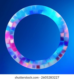 3D Colorful glowing ring on blue gradient background. Glowing circular frame made of soft colored blocks. High-tech logo placeholder. Vector illustration, EPS 10.