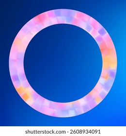 3D Colorful glowing ring on blue gradient background. Glowing circular frame made of soft colored blocks. High-tech logo placeholder. Vector illustration, EPS 10.