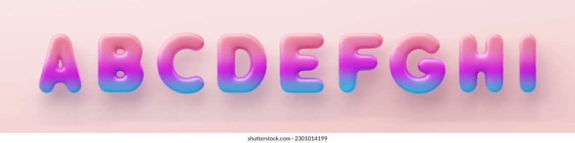 Las letras 3D gradientes de color A, B, C, D, E, F, G, H y I son una superficie brillante sobre un fondo rosado.