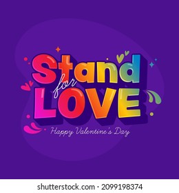 3D Colorful Gradient Stand For Love Font With Hearts, Arc Drops On Purple Background For Happy Valentine's Day.