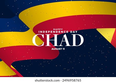 3d Colorful Happy Independence Day Republic of Chad Greeting Banner, celebrated on July 20. Big waving Chadian Flag on dark background with burst of confetti. Chad Independence Day Background.