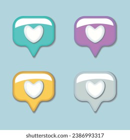 Conjunto de texto de color para el corazón en 3d. Colección de lanzas de burbujas con corazón blanco sobre fondo azul. Ilustración vectorial.
