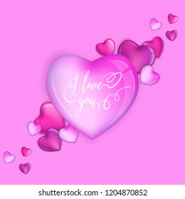 3d Colorful Hearts for Happy Valentines Day Hand Drawn Lettering design, Love card vector illustration, Wedding Party Flyer or Poster