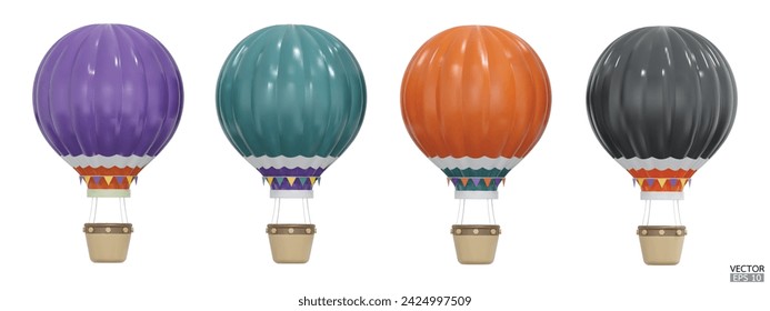 3D Colorful hot air balloons with baskets travel isolated on white background. Summer balloon journey. 3D vector illustration.