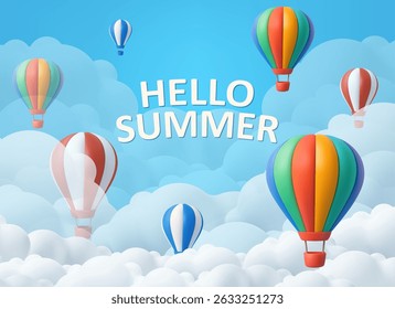 3D colorful hot air balloons floating in a cloudy sky. 3d rendering. Vector illustration