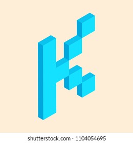 3D colorful isometric pixel art alphabet typeface. Letter K. vector typography design. 