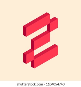 3D colorful isometric pixel art number typeface. Number two. vector typography design.