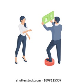 3d colorida ilustración vectorial isométrica del personaje femenino de dibujos animados parado cerca de la página web de navegación de colega masculino de la empresa aislado en fondo blanco