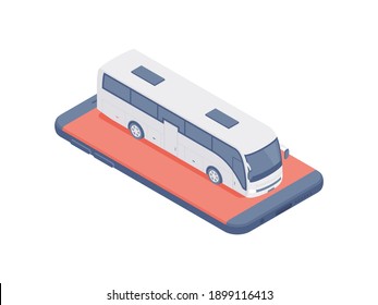 3d colorful isometric vector illustration of modern passenger bus depicted on mobile phone screen representing online booking service isolated on white background