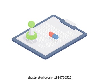 3d colorful isometric vector illustration of cartoon business document fixed on clipboard with stamp and eraser isolated on white background
