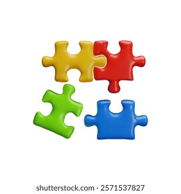 3D colorful jigsaw puzzle pieces connection process vector illustration. Assembling part of jigsaw logic game. Symbol of teamwork for best solution. Problem solving, success strategy, brainstorm